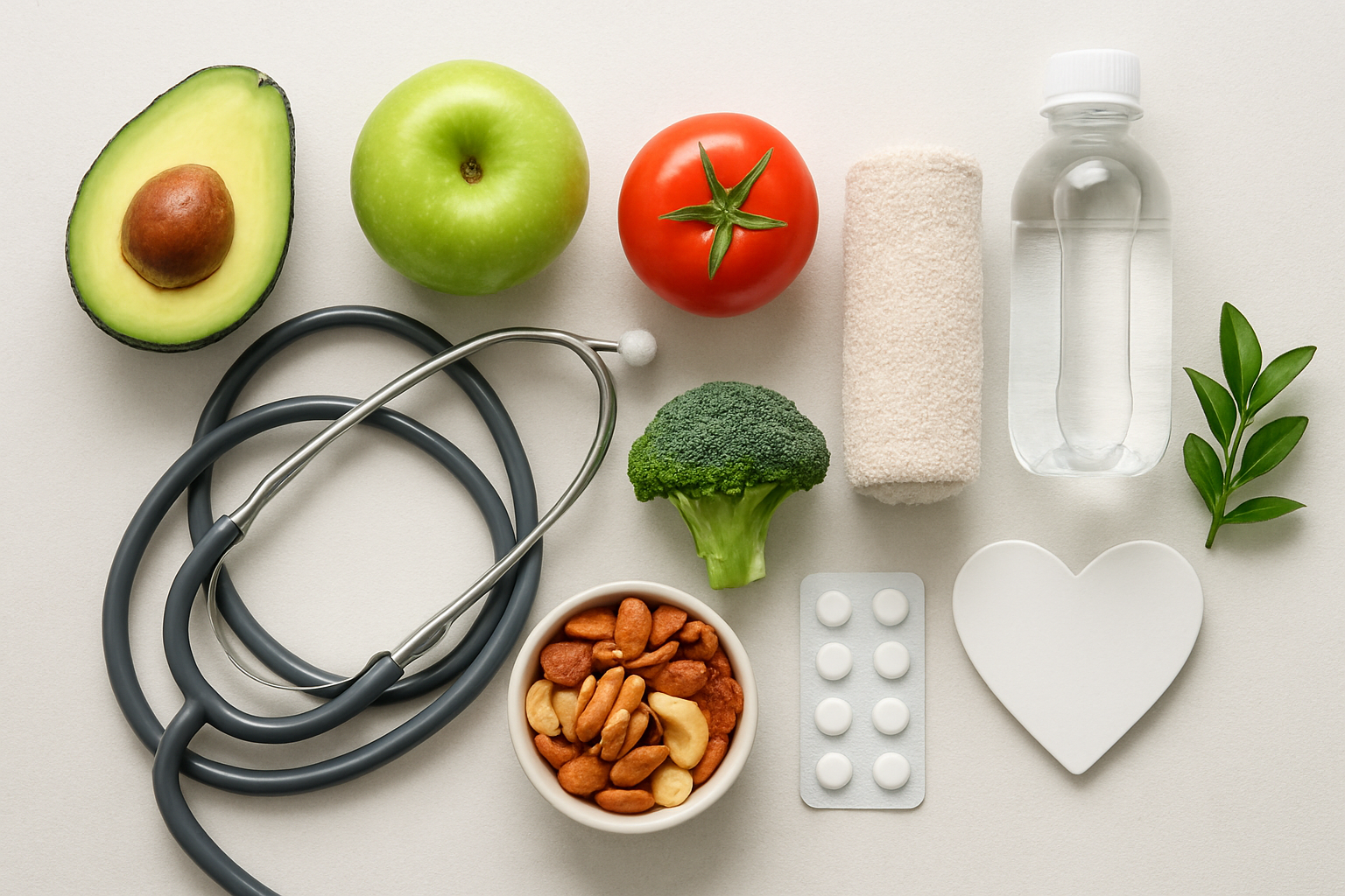 A composition of fresh fruits and vegetables, a stethoscope, a water bottle, a bowl of nuts, and a heart-shaped cutout o